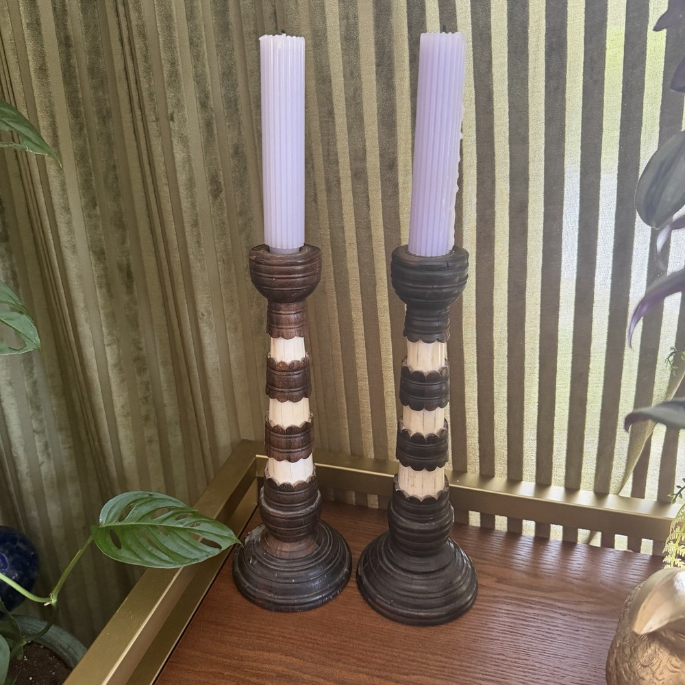 Candle Stick Holders Set of 2 - 25" Cream & Brown Wooden Cottage Core Farmhouse